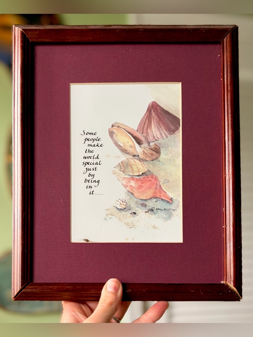 Framed Shell Watercolor Wall Art - Burgundy Background Poem